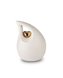 Petite urne funéraire en céramique blanc avec coeur en or 'Larme'