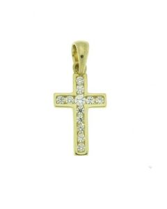 Pendentif mémoire en 14 carat or jaune 'Croix' avec zirconium